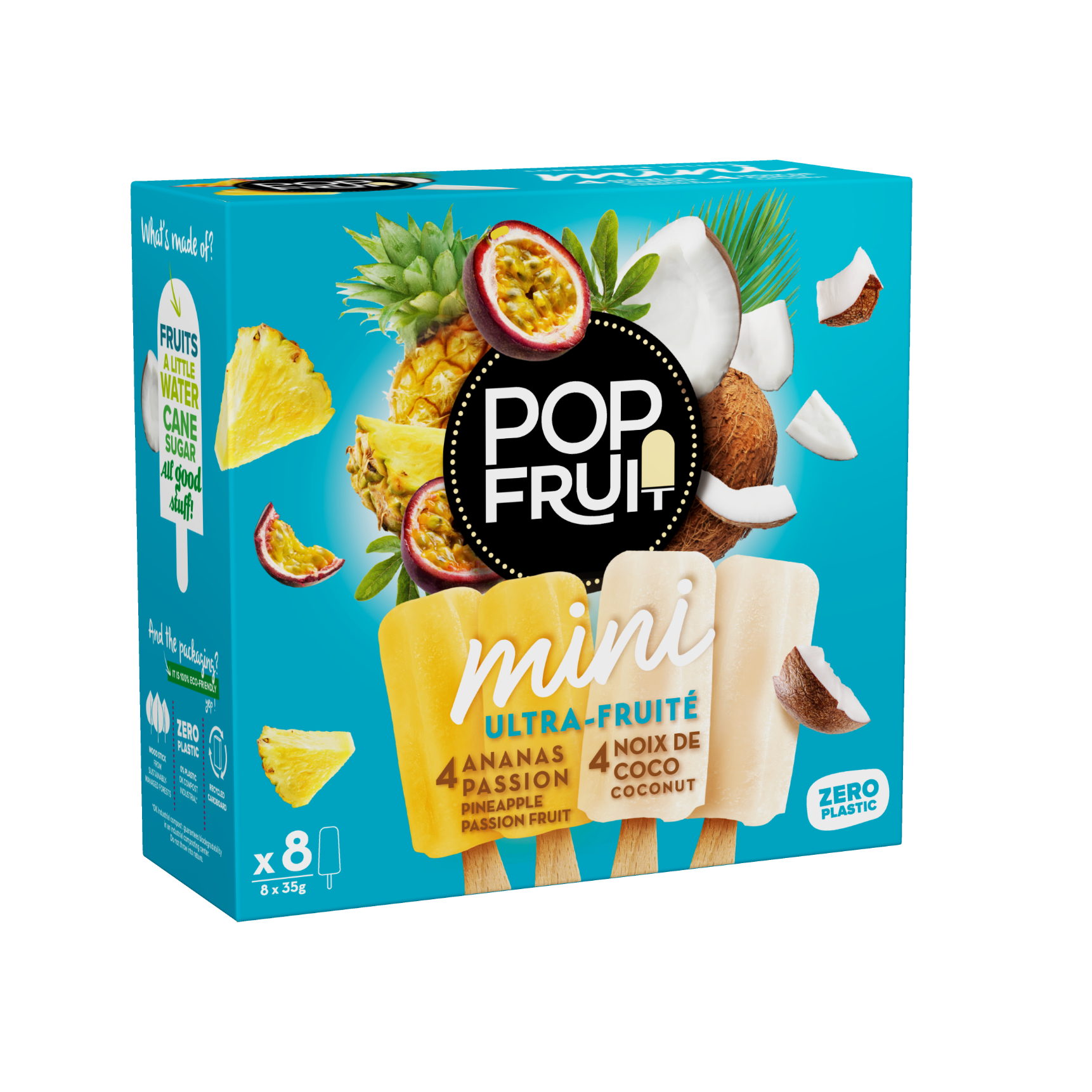 POP FRUIT Mini bâtonnets sorbet ananas passion / noix de coco - 280 g / 8 pièces