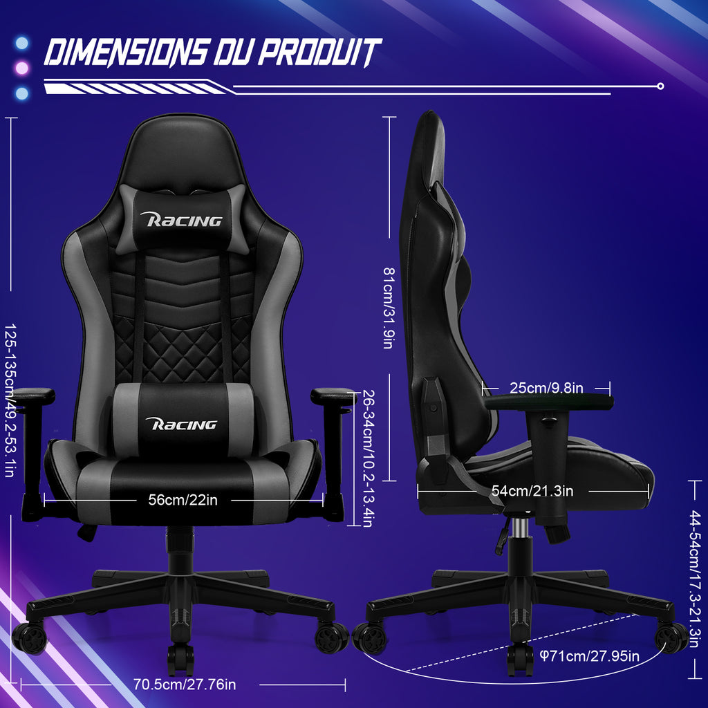 GTIMEX Chaise de bureau ergonomique avec soutien lombaire réglable, appuie-tête et accoudoirs, chaise de jeu rembourrée, fonction d'inclinaison, capacité de charge de 150 kg