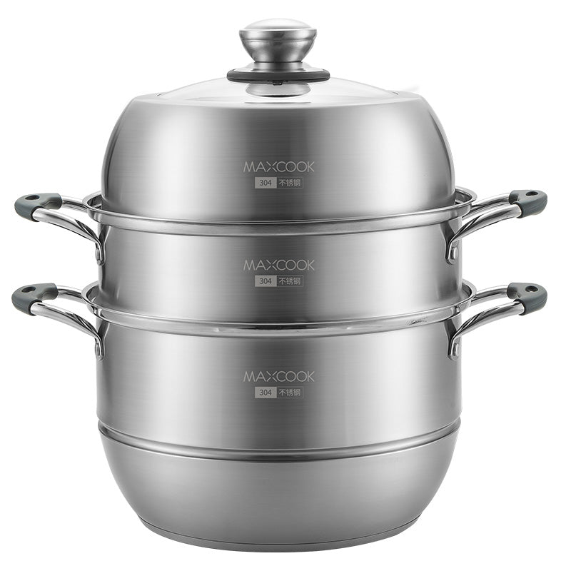Maxcook cuiseur vapeur à 3 niveaux, cuiseur vapeur en acier inoxydable 304 de 28 cm avec couvercle en verre, cuiseur vapeur multicouche avec poignées en silicone anti-brûlure, compatible avec induction, cuisinière à gaz MCZ743
