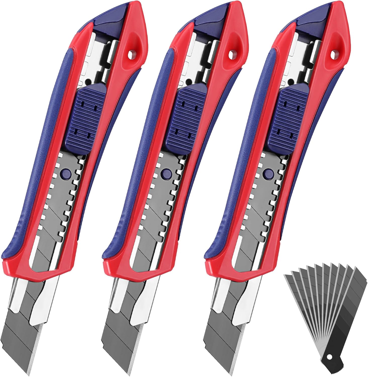 WORKPRO Lot de 3 cutters 18 mm avec 10 lames de rechange SK5, poignée en caoutchouc, lame sécable, pour carton et découpe multi-usage