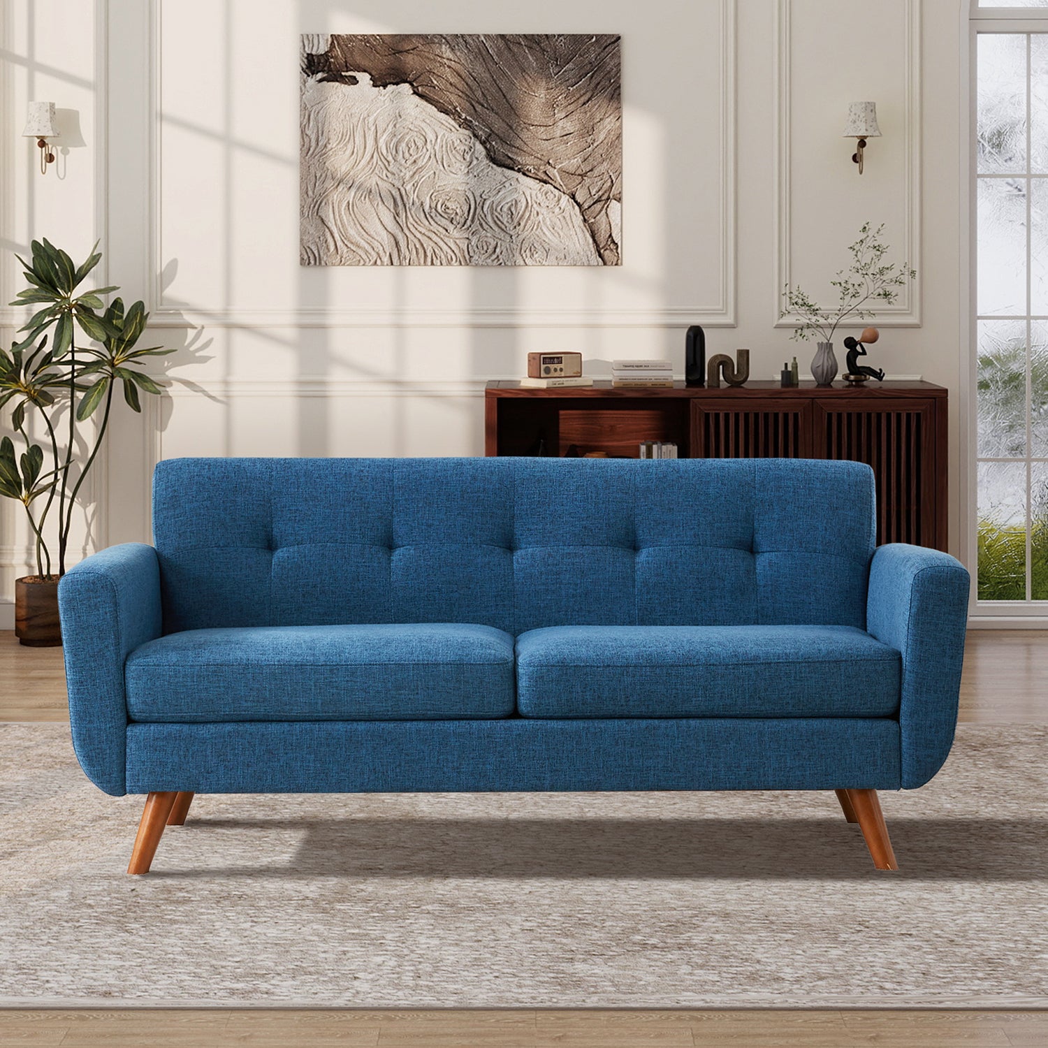 HONEYOU Canapé 165 cm, Canapés de coin pour décoration moderne du milieu du siècle pour salon, petit canapé capitonné à boutons pour chambre, meuble de coin solide et facile à installer, bleu