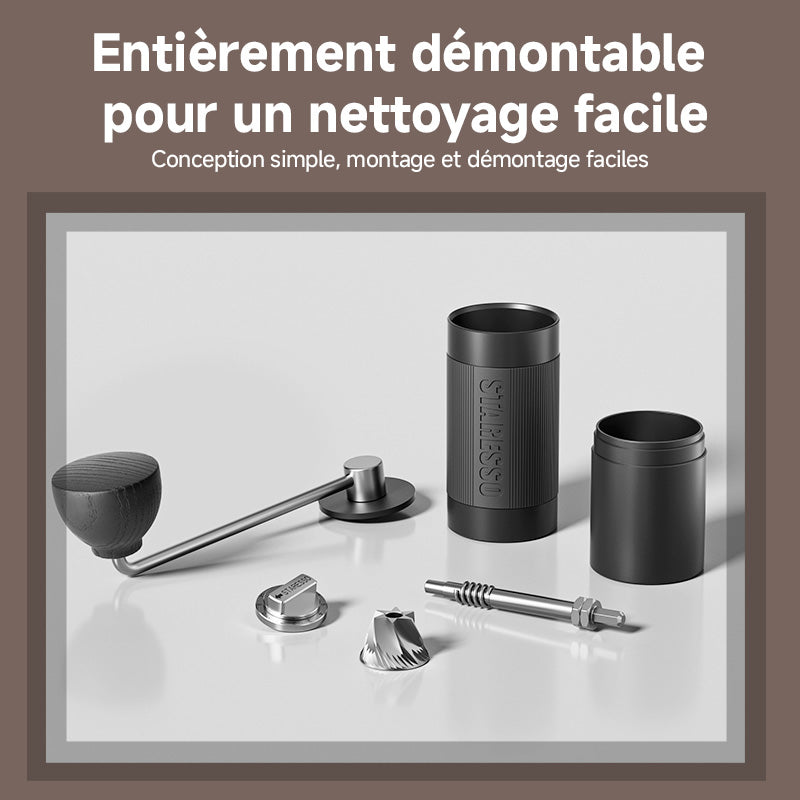 STARESSO Moulin à café manuel capacité 20 g avec meule conique en acier inoxydable usinée CNC - réglage interne ajustable, positionnement par double roulement, pour café à piston