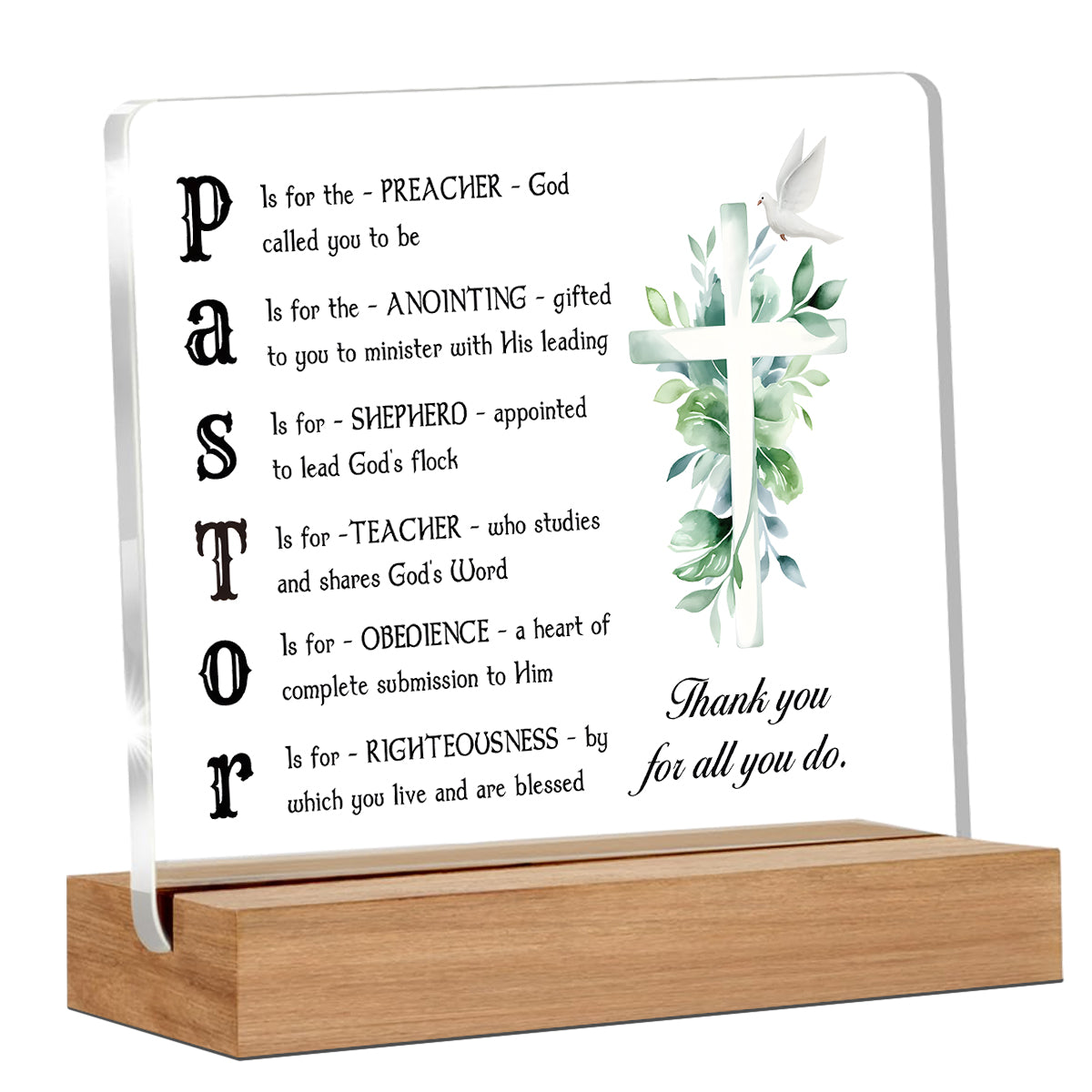 Alphynix 1 pc plaque de leadership spirituel, décomposition de l'acronyme "PASTOR" sur acrylique transparent avec base en bois