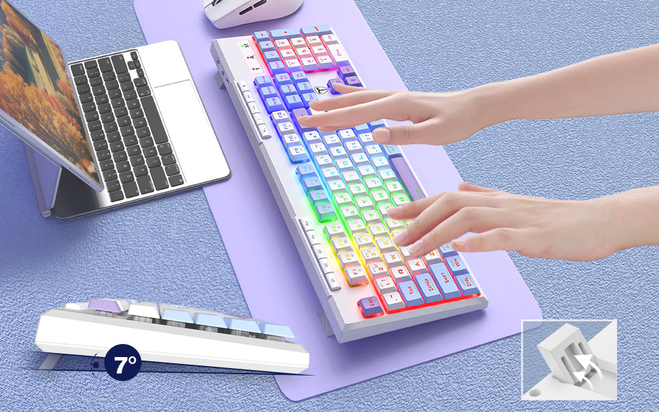 ET clavier de jeu 100 % à trois modes, disposition QWERTY américaine, rétroéclairage RVB, macros personnalisables, anti-effet fantôme 26 touches, 4000 mAh, crémeux