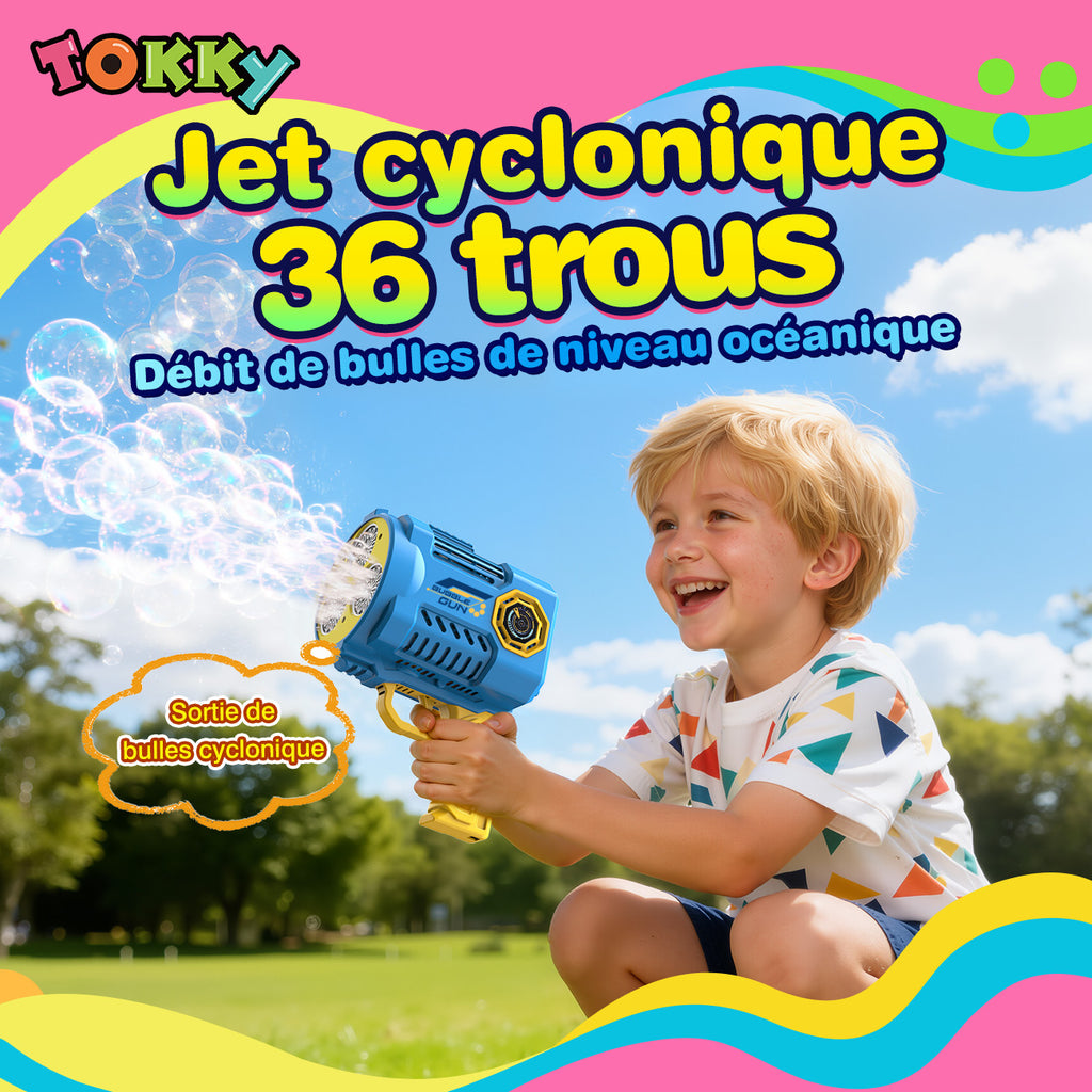 TOKKY Pistolet à bulles électrique 36 trous pour enfants avec lumières colorées et liquide à bulles de remplacement - Bleu