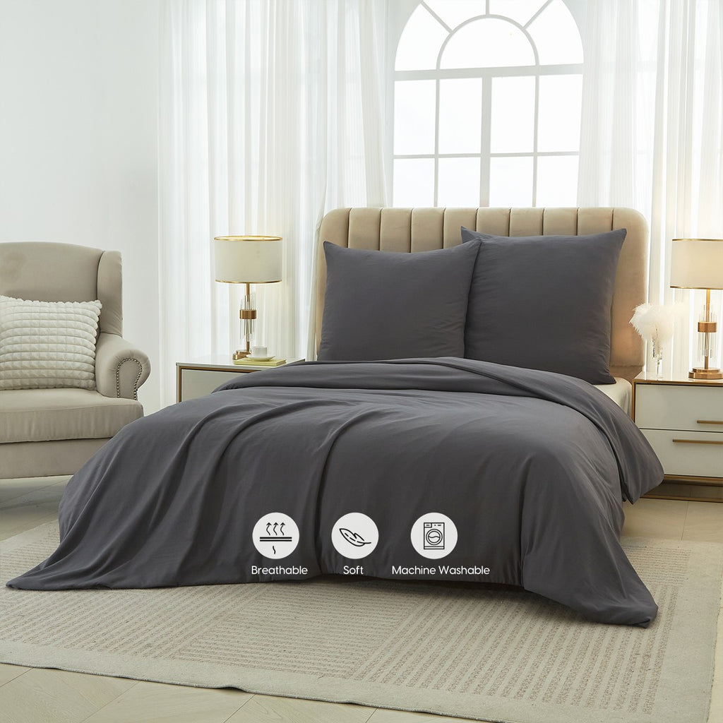 Meeallhome Parure de housse de couette lavée brossée, 155 x 220 cm/80 x 80 cm x 2, Gris foncé