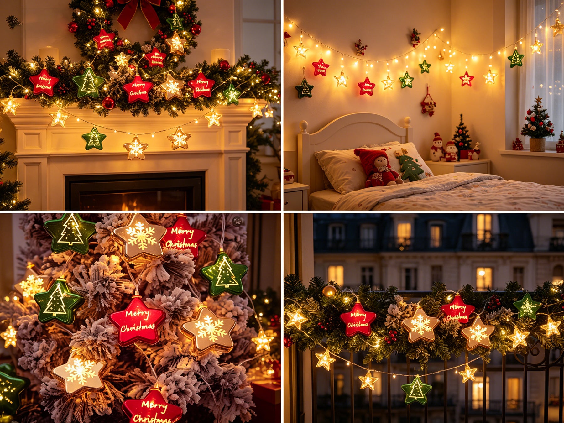 Guirlande lumineuse de Noël LED, étoile à cinq pointes, motif flocon de neige, rouge, vert et blanc, convient pour la décoration intérieure et extérieure