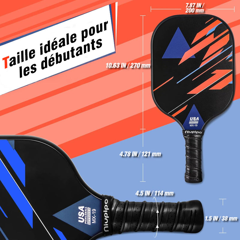 NIUPIPO MX-19 Lot de 4 raquettes de pickleball, 4 bandes de préhension, 4 balles et un sac de transport