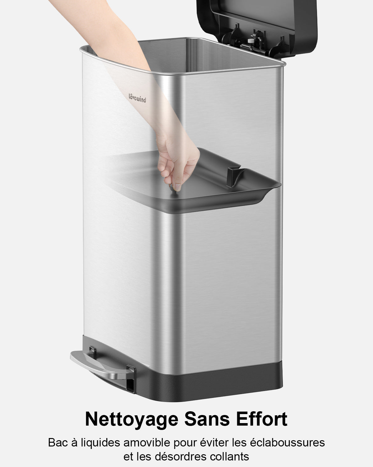 Lovewind Poubelle de cuisine Lovewind, Poubelle en acier inoxydable 16 gallons / 60 litres avec couvercle à fermeture douce, Grand poubelle de cuisine en métal avec bac à liquide amovible, Poubelle de recyclage pour cuisine bureau, Noir