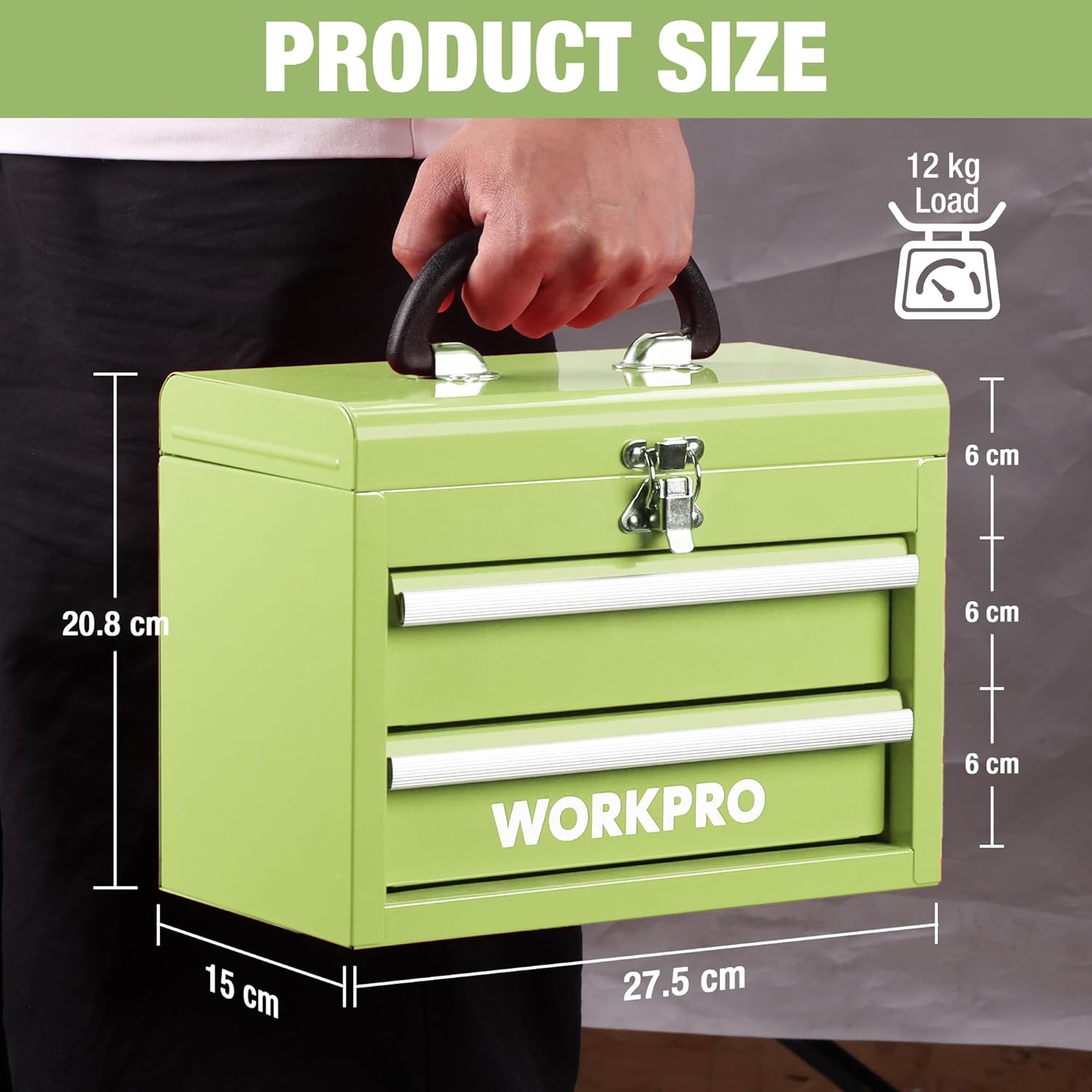 WORKPRO Boîte à outils mini portable en métal, 2 tiroirs, 10,8 x 5,9 x 8,2 pouces - Vert macaron
