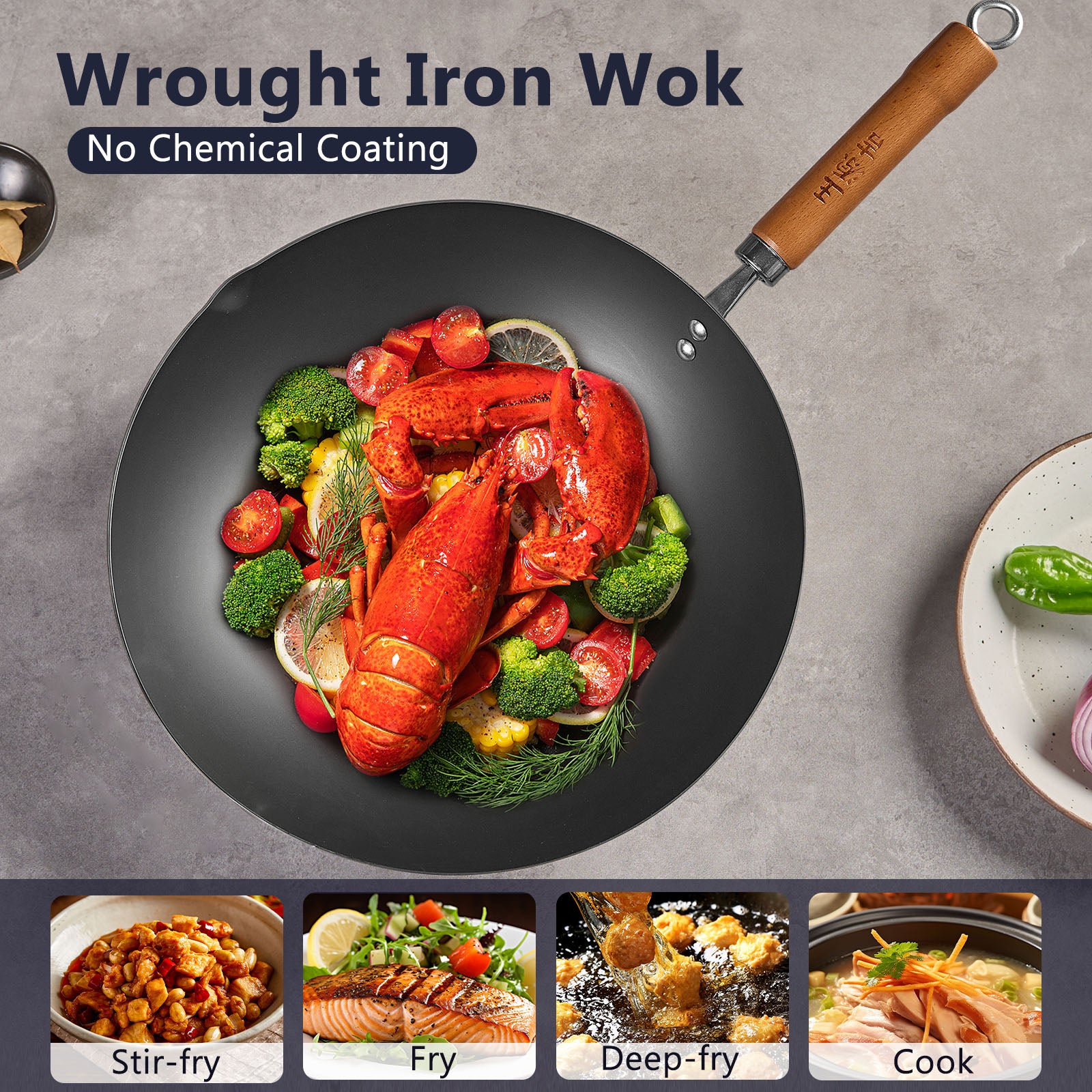 wangyuanji 11,8" Woks et poêles à sauter chinoises en acier au carbone, Poêle à rôtir chinoise à fond plat avec couvercle en verre, Compatible avec toutes les plaques de cuisson