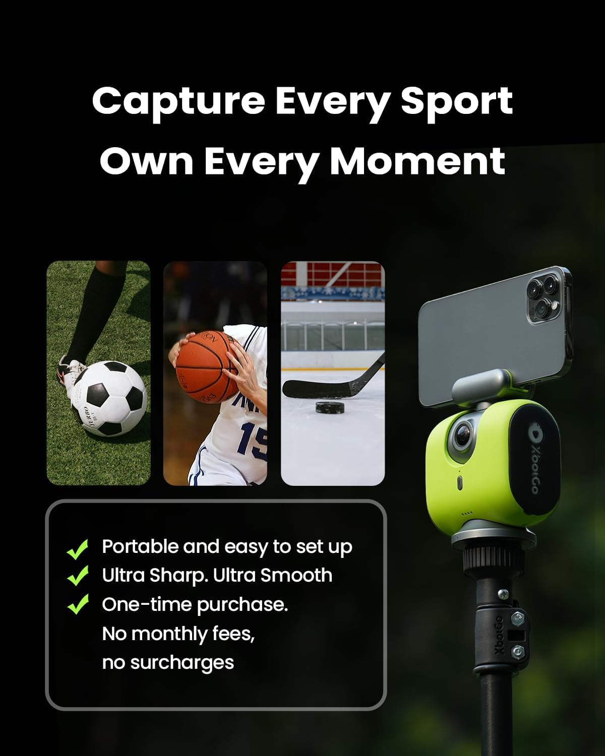 XbotGo (Cadeaux pour les fans de football) Caméléon Caméra d’action IA pour sports collectifs 4K 60 ips - Suivi automatique football et basket-ball