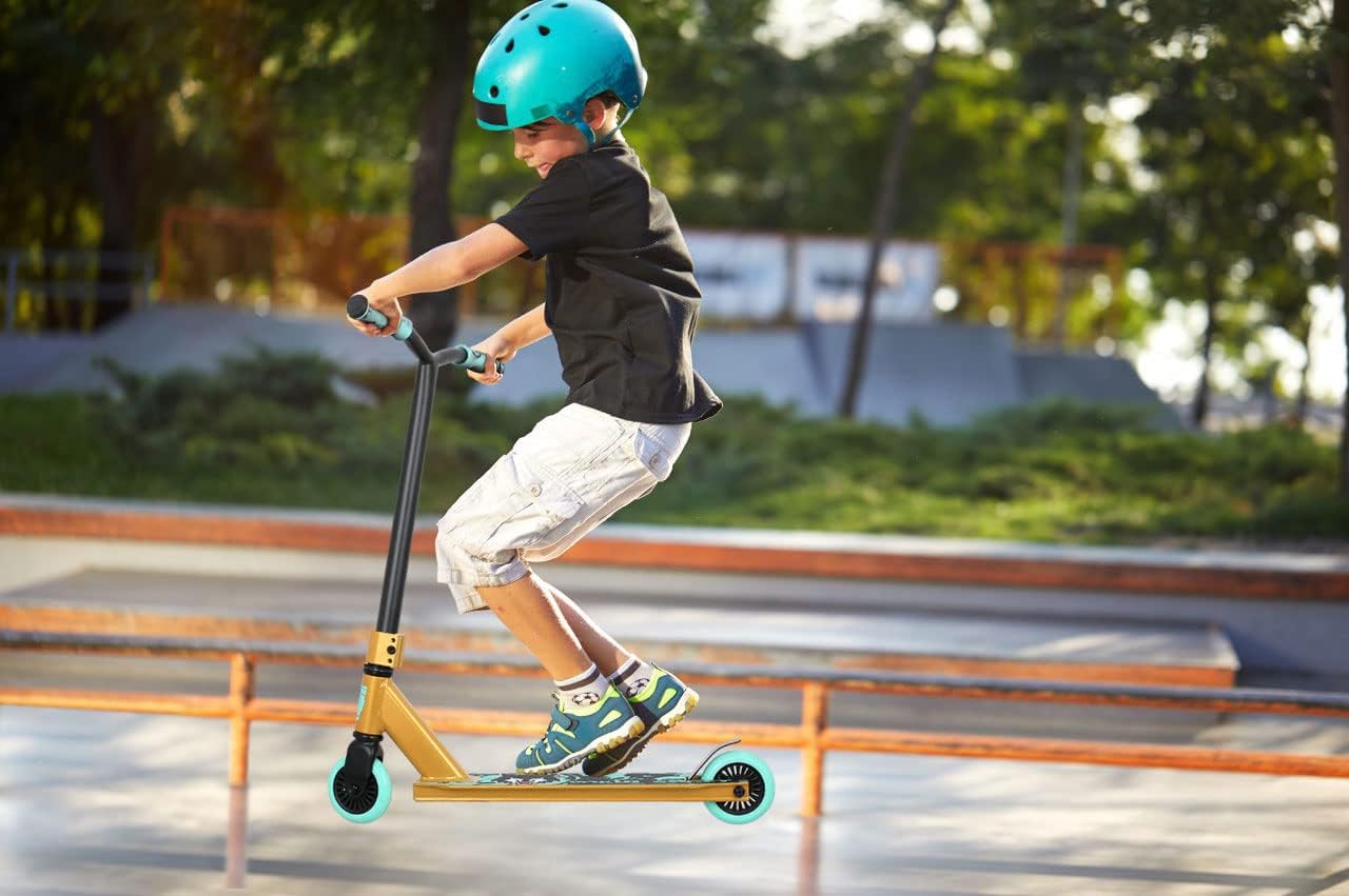 Trotinette VOKUL Pro Trick, trotinette de cascade d'entrée de gamme pour enfants à partir de 6 ans, trotinette de BMX freestyle complète en aluminium et légère pour débutants (Or)
