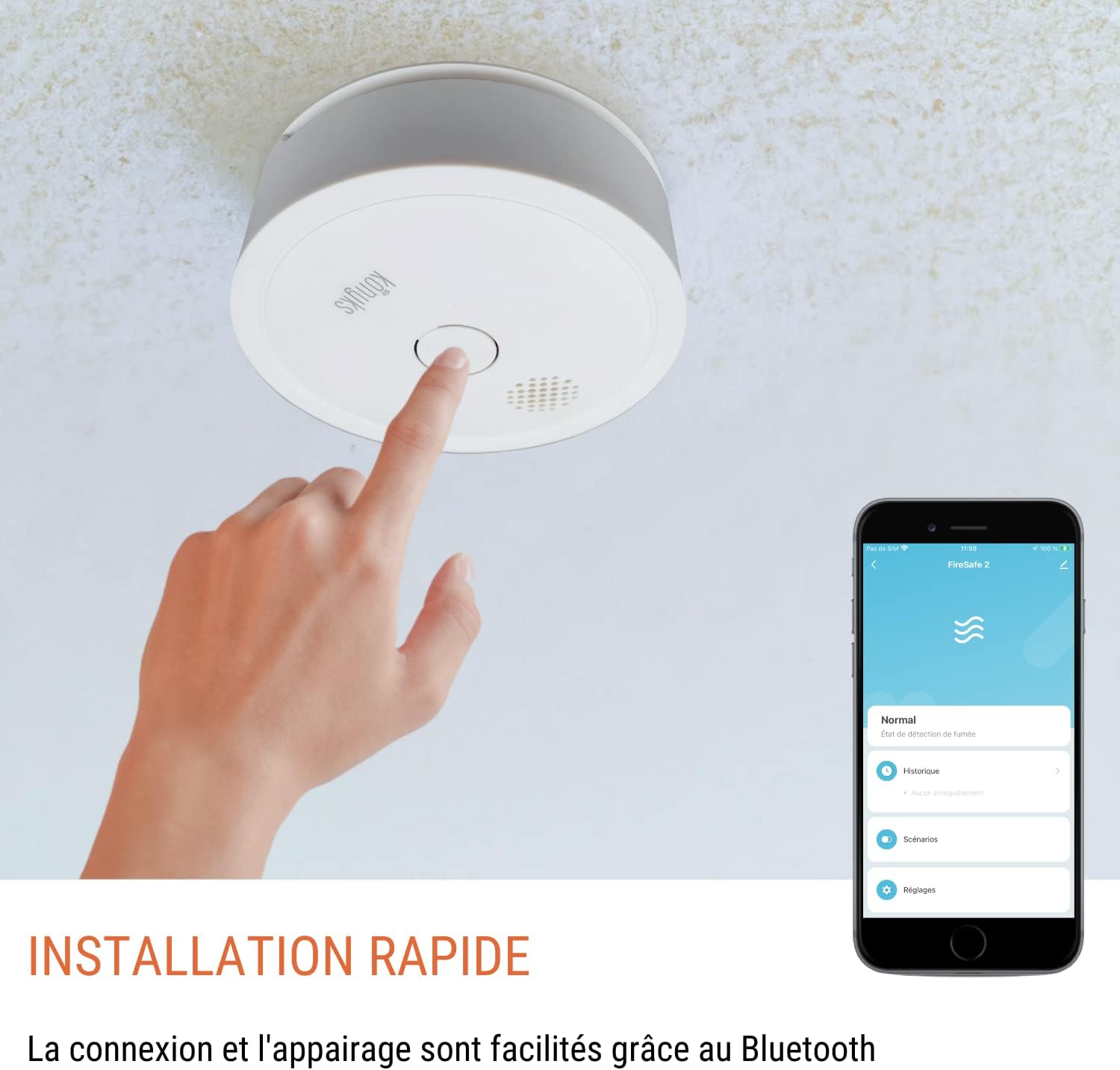 Konyks Firesafe 2 Détecteur de fumée connecté Wi-Fi + Bluetooth avec 5 ans d'autonomie