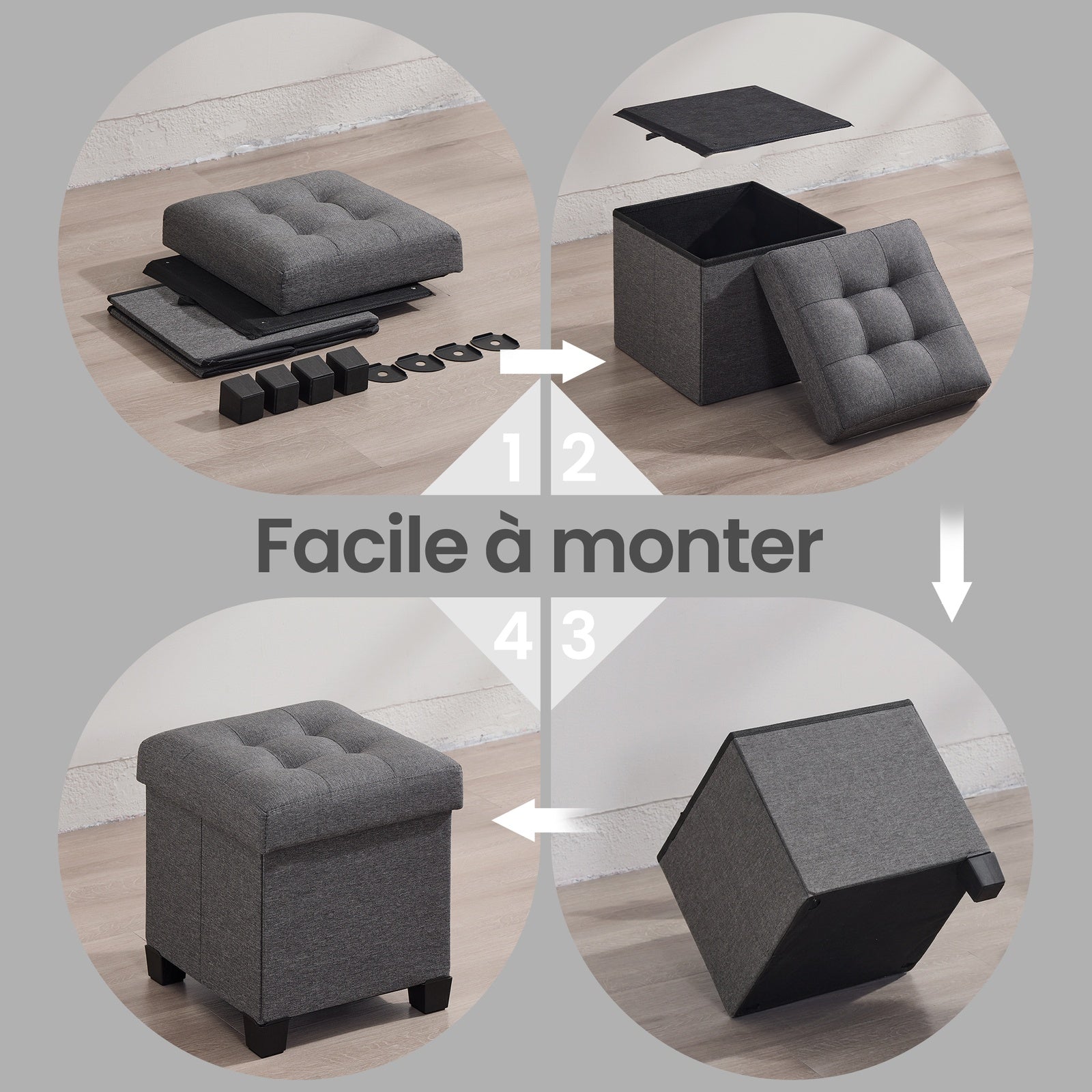 JOYFURNOS Pouf pliable gris ardoise – 38 x 38 x 40 cm, petit repose-pieds et tabouret de rangement, supporte 300 kg – compact pour salon, chambre ou dortoir