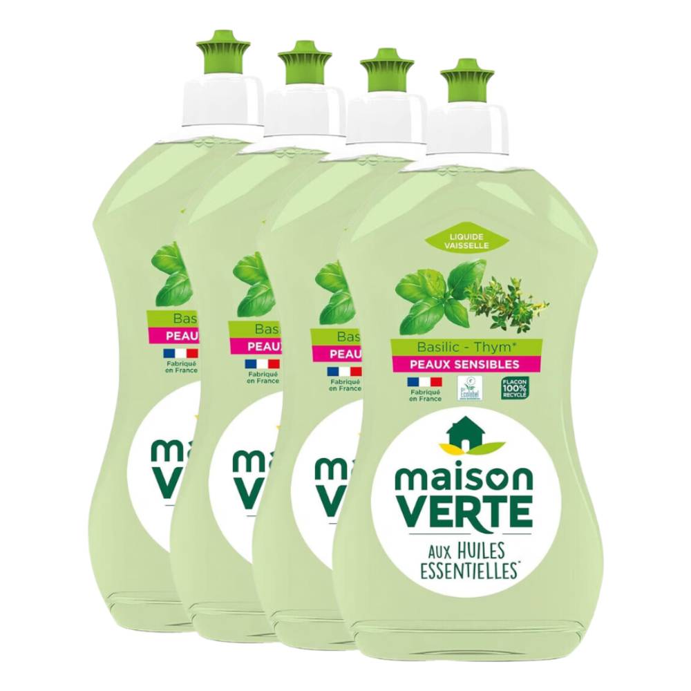 Maison Verte Liquide Vaisselle, Hypoallergénique, Thym & Basilic, 4 x 500 ml (= 2 L)
