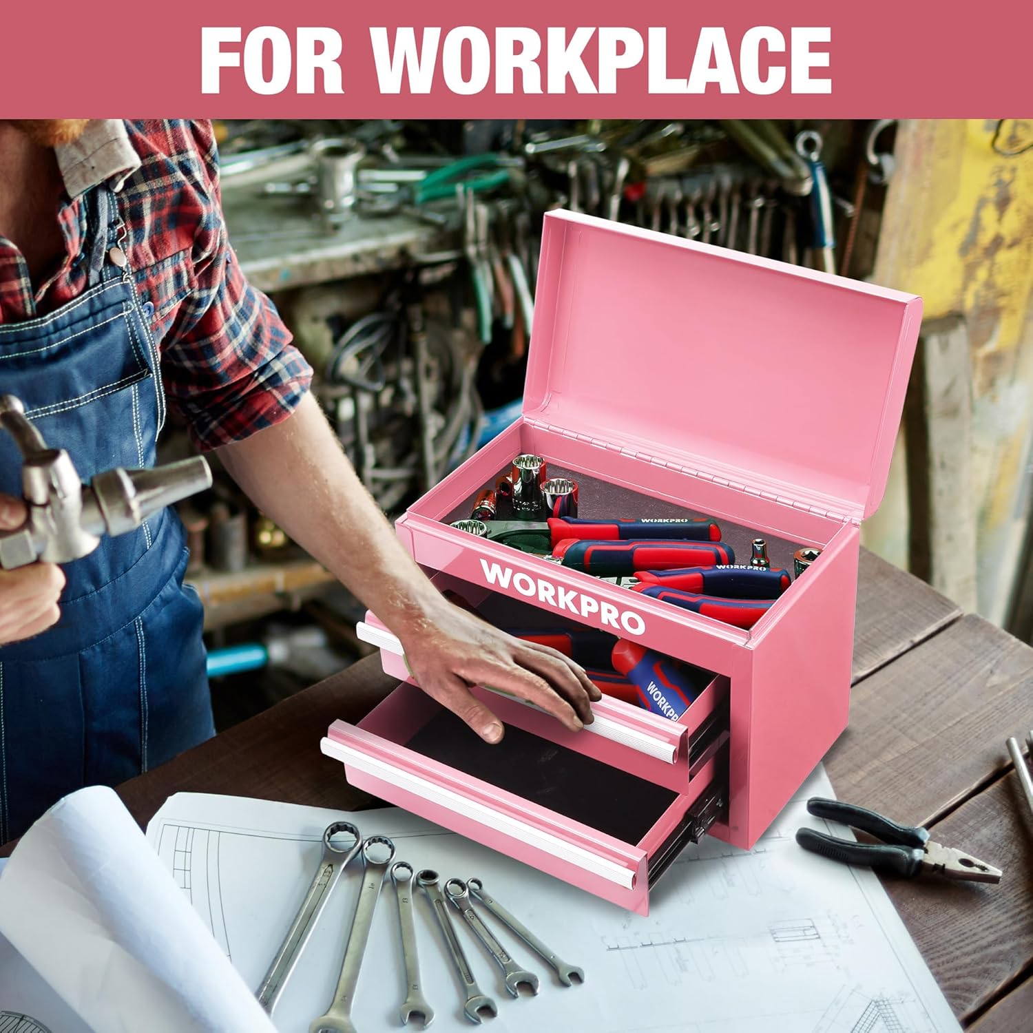 WORKPRO Boîte à tiroirs métallique avec 2 tiroirs et espace de rangement supérieur rose, 27,5 x 15 x 20,8 cm, organisateur de table avec tiroirs pour bureau, vestiaire et poste de travail