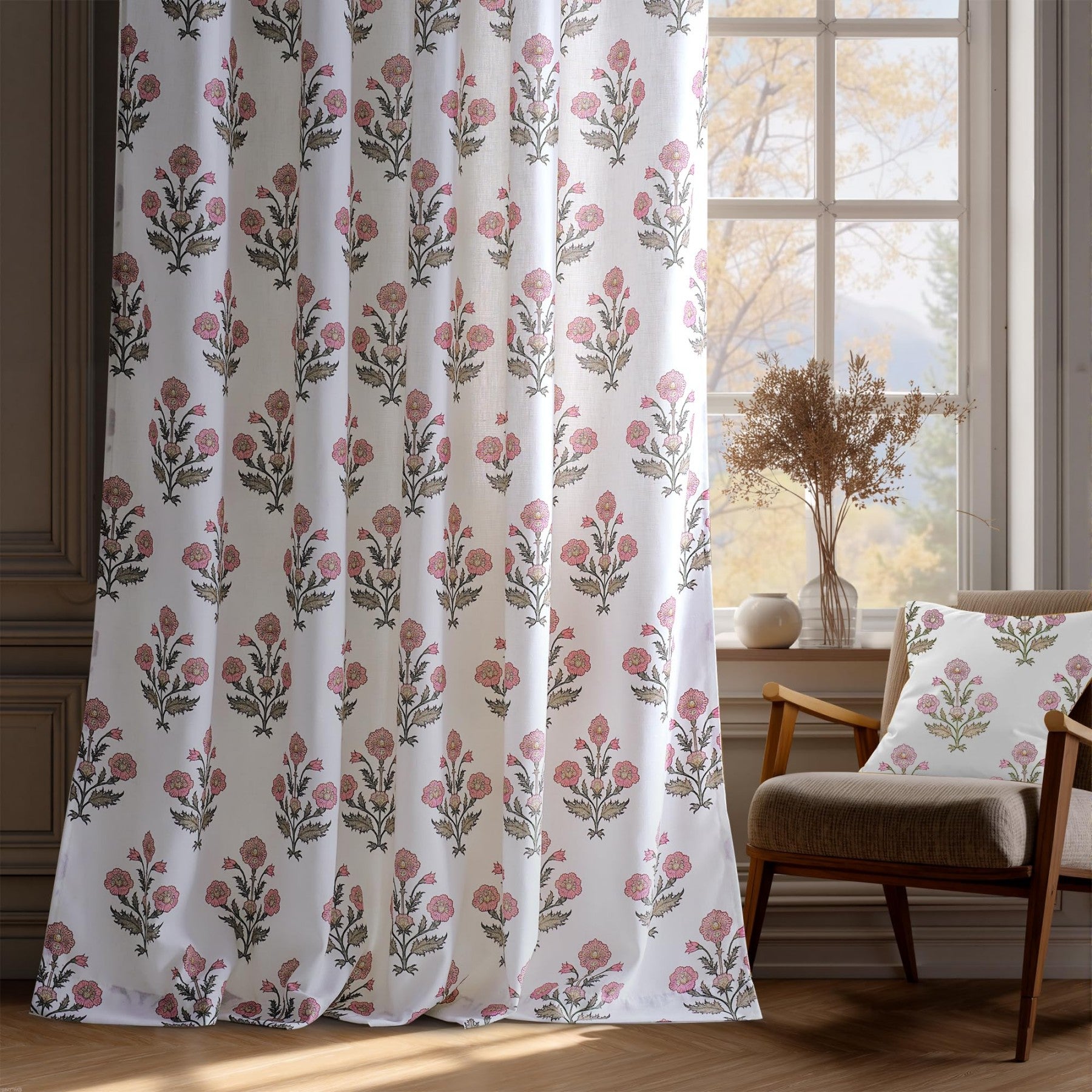 PONY DANCE Rideaux en Lin Floral Imprimé Motif Rose pour Chambre de Fille Chambre Bébé, Bohème Maison de Campagne Rideaux de Fenêtre Transparents Aesthétique Filtrant la Lumière