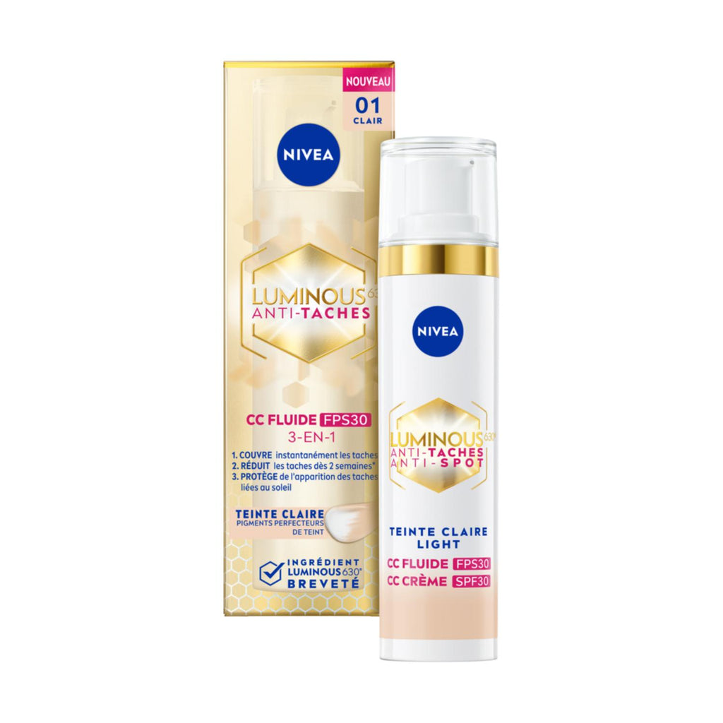 NIVEA Luminous630 Visage CC Fluide Anti‑Taches 3‑en‑1 FPS30 Teinte Claire 40 ml