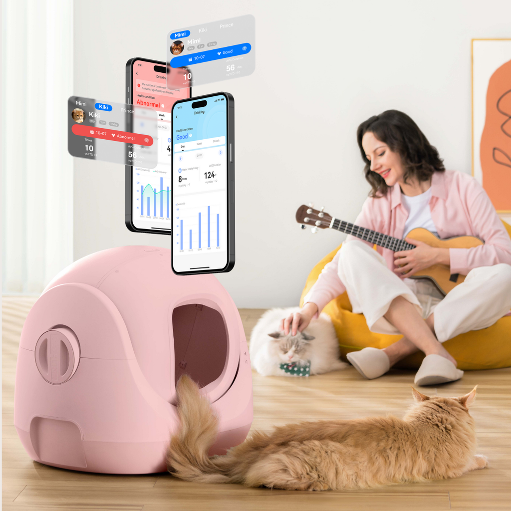 CATLINK Bac à litière pour chat intelligent autonettoyant rose, Protection de sécurité anti-pincement, Système de suivi de santé par IA, Technologie d’identification multi-chats