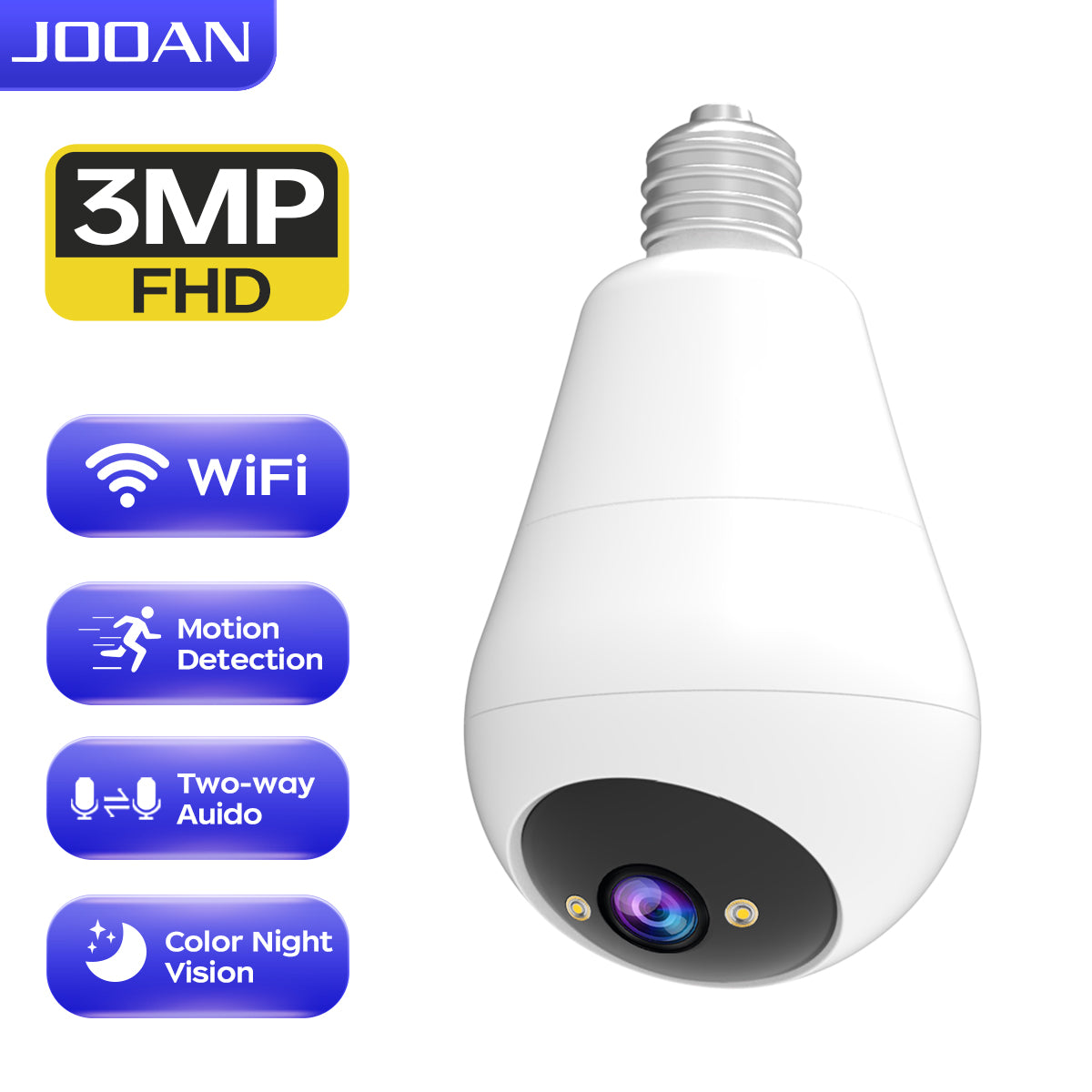 JOOAN E27 Caméra de surveillance Ampoule, sans fil, Intérieur/Extérieur, Pan/Tilt 360°, Vision nocturne couleur, Lampe LED et projecteur, Wi-Fi 2,4 GHz