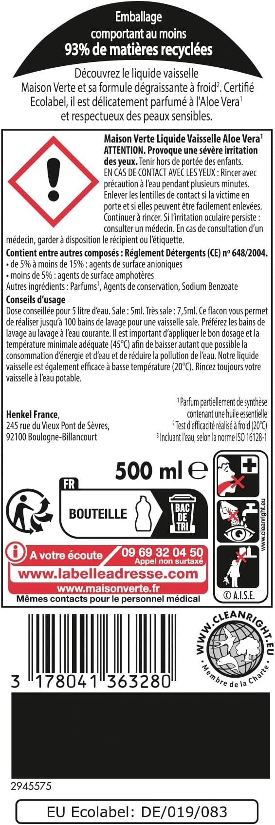Maison Verte Liquide Vaisselle, Aloe Vera & Huiles Essentielles Biologiques, Dégraissage à Froid, 500 ml
