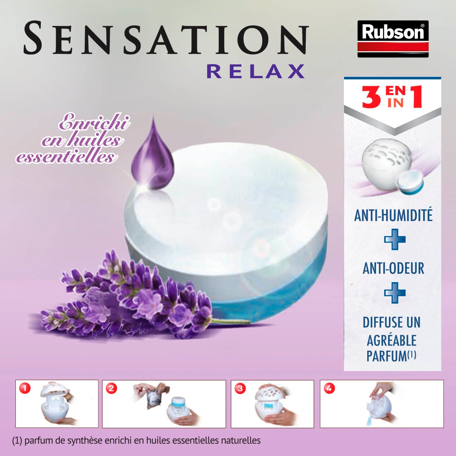 Rubson Sensation Relax Recharges universelles pour absorbeur d'humidité parfum lavande (2 x 300 g) – Recharges 3 en 1 anti-humidité, anti-odeur et agréable parfum