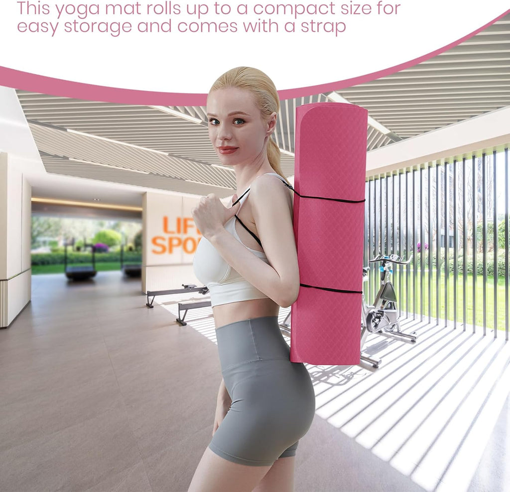 Good Nite Tapis de yoga en TPE épais 10 mm 183x61 cm Tapis d'exercice antidérapant avec sangle de transport, Coussinage supplémentaire pour pilates salle de sport entraînement à domicile, Prune