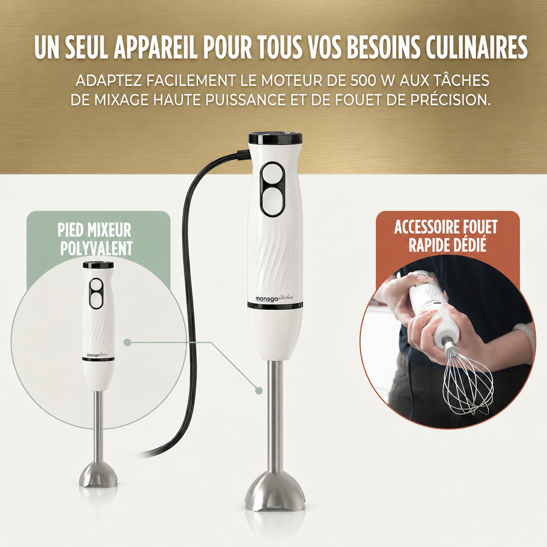 monsga Mixeur plongeant et fouet 2-en-1 S100, Mixeur plongeant ergonomique avec modes normal/turbo, Protection anti-éclaboussures et protection des casseroles, Hachoir 500 ml