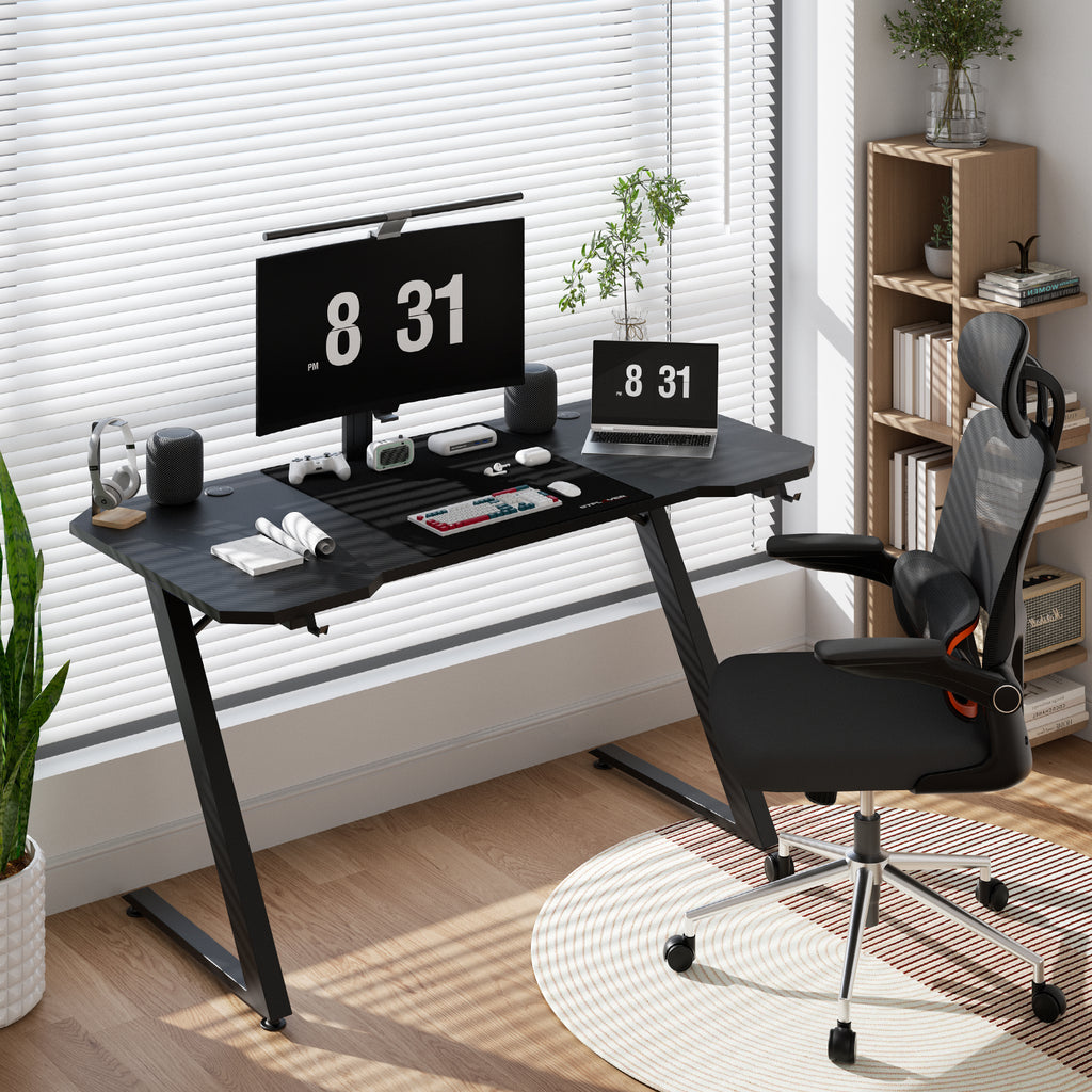 GTPlayer Bureau de jeu robuste, 120 x 60 cm, Surface en fibre de carbone, Crochet pour casque, Noir