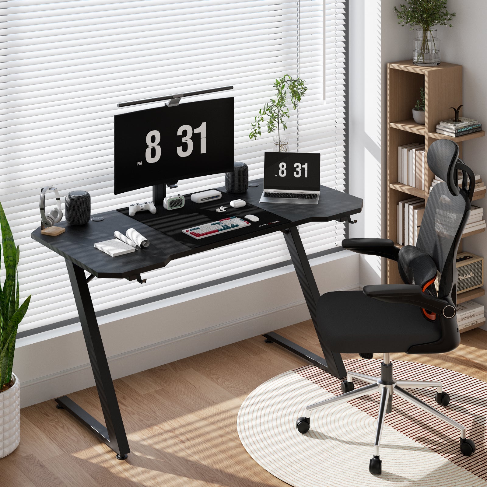 GTPlayer Bureau de jeu robuste, 120 x 60 cm, Surface en fibre de carbone, Crochet pour casque, Noir