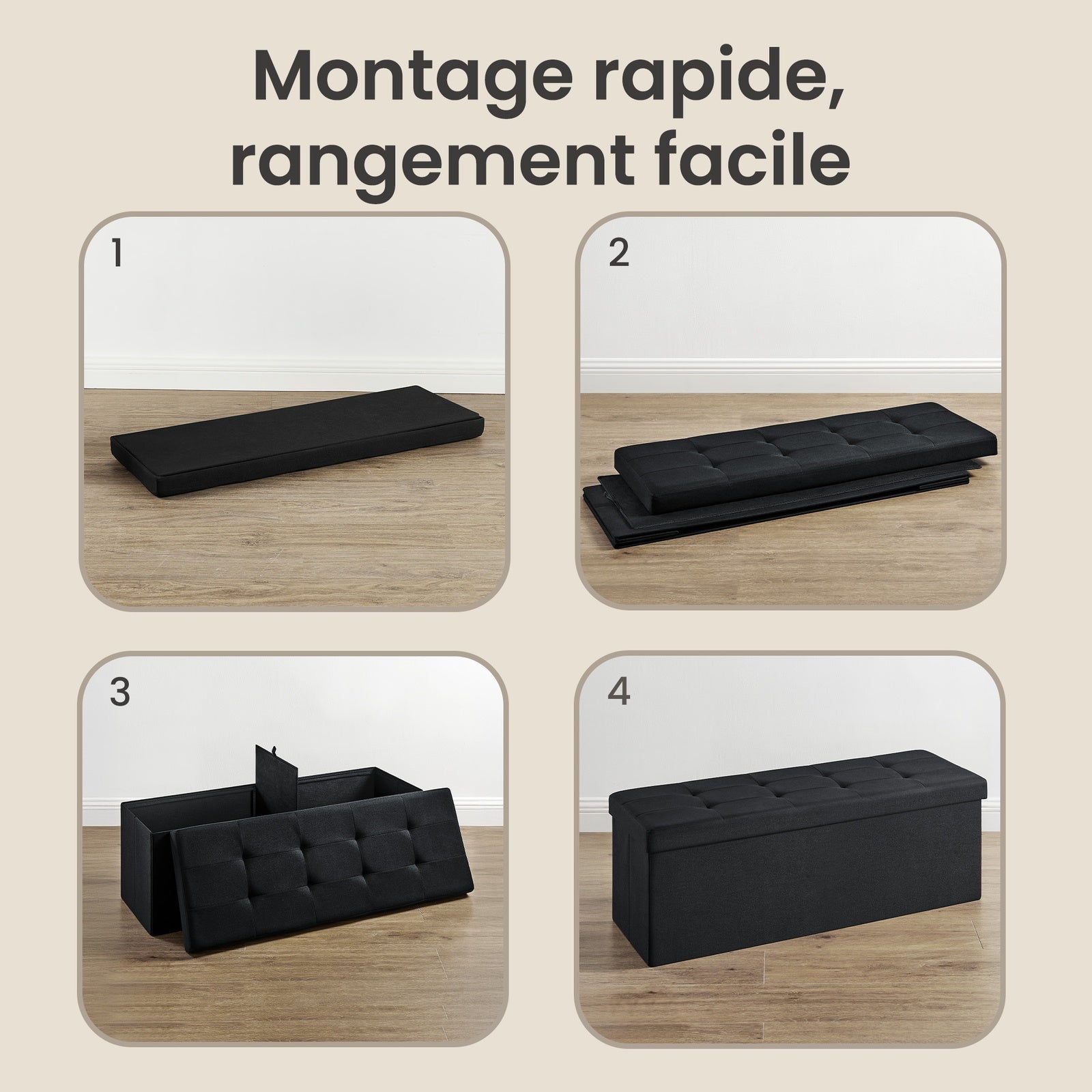 JOYFURNOS Banc de rangement, 38 x 110 x 38 cm, pouf coffre, banc de lit, pour salon, chambre à coucher, entrée, noir