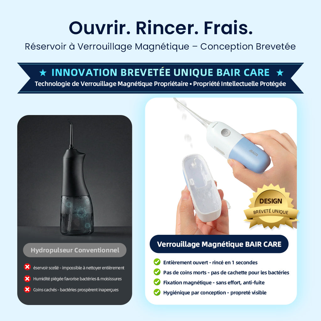 BAIR CARE V6 Hydropulseur de poche portable avec réservoir magnétique innovant, mode jet continu, autonomie de 30 jours, rechargeable USB, étanche IPX7, idéal pour le voyage