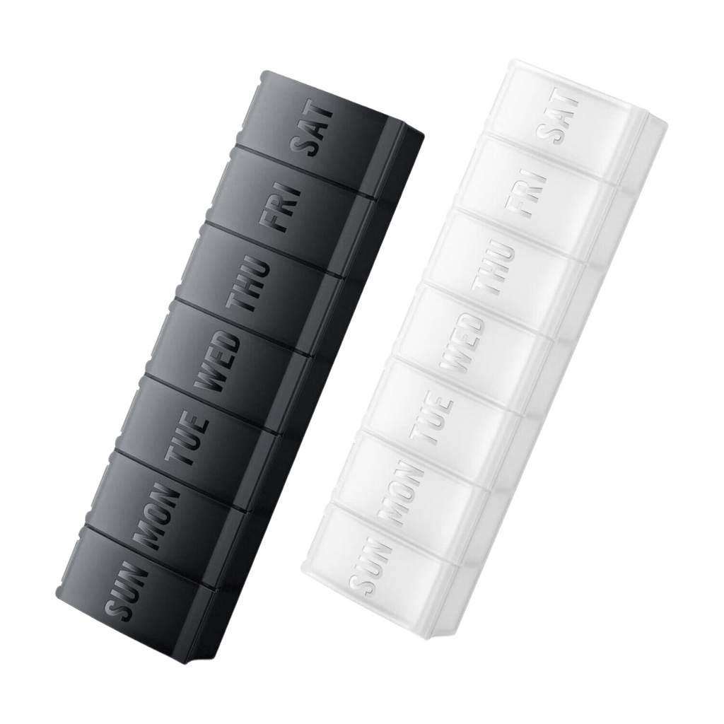 Organiseur de Pilules 7 Jours VVM, Boîte à Médicaments Hebdomadaire, Coffret de Pilules de Voyage, Convient aux Grosses Vitamines, Compléments, Huile de Poisson, Noir + Blanc Lot de 2