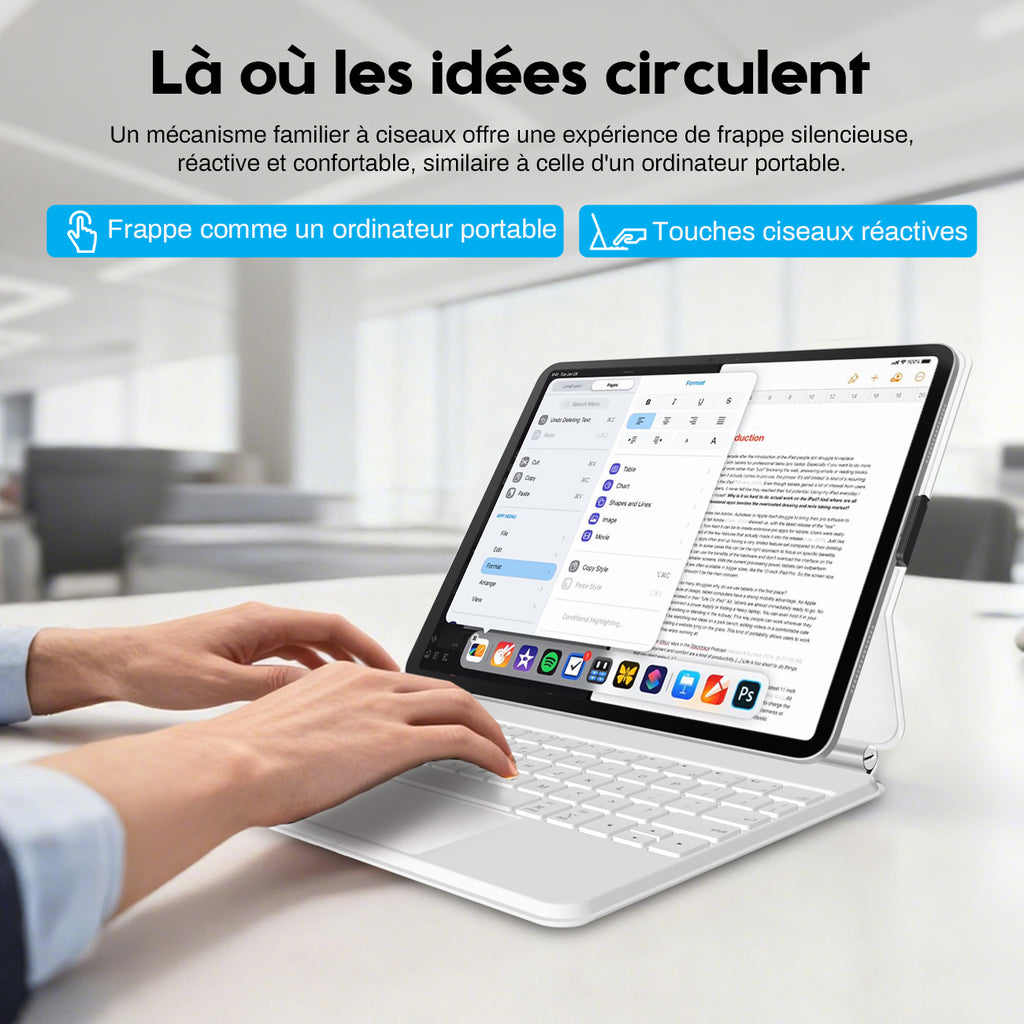 Rexsun Étui-clavier pour tablette – Conception flottante magnétique, housse de protection détachable, pavé tactile de précision pour iPad Pro 11 po/Air 10,9 po/11 po, modèle P11-2 (Blanc)
