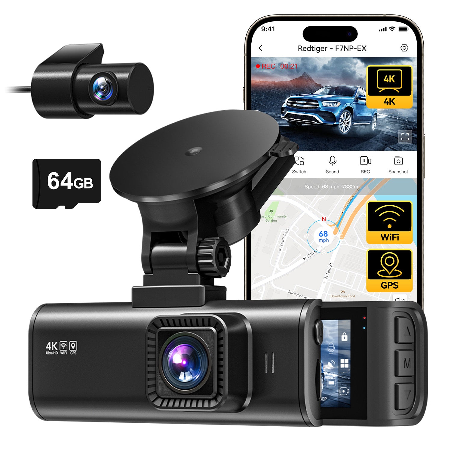 REDTIGER Dashcam pour Voitures, Dashcam Caméra de Voiture 4K Full HD, Dashcam Écran IPS 3,16”, Dashcam Wi-Fi GPS Intégré, Vision Nocturne, Enregistrement en Boucle, Véhicule