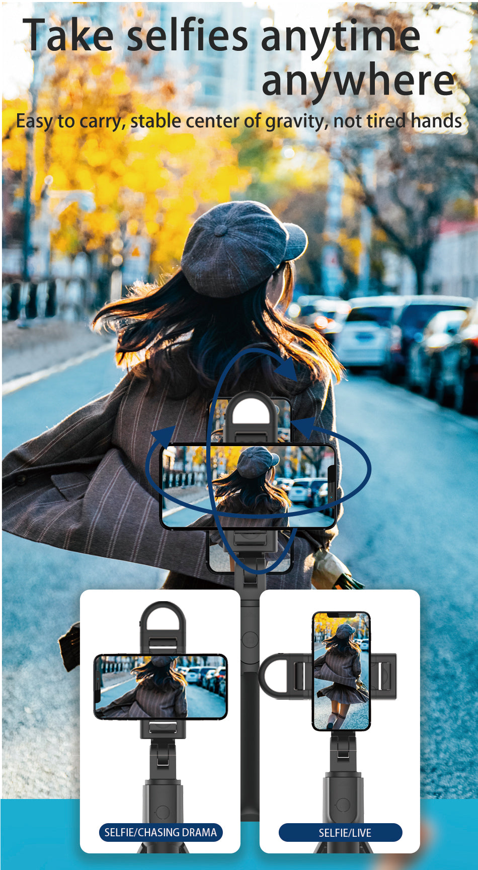 Perche à selfie Verbex S05s, support de téléphone Bluetooth, extensible jusqu'à 1 mètre, avec lumière d'appoint, universelle pour les selfies, prise de vue horizontale et verticale