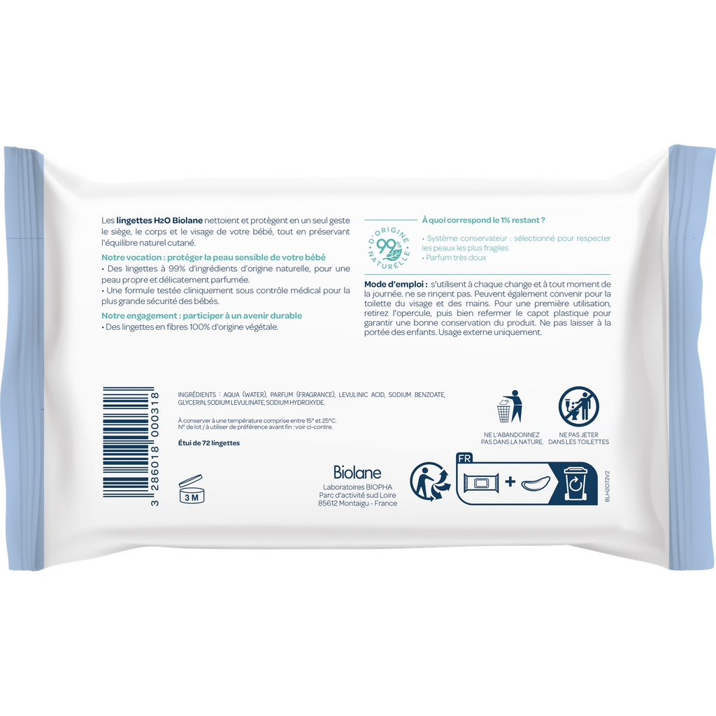 BIOLANE H2O Lingettes nettoyantes pour le corps et le change des bébés, peaux sensibles, 72 lingettes