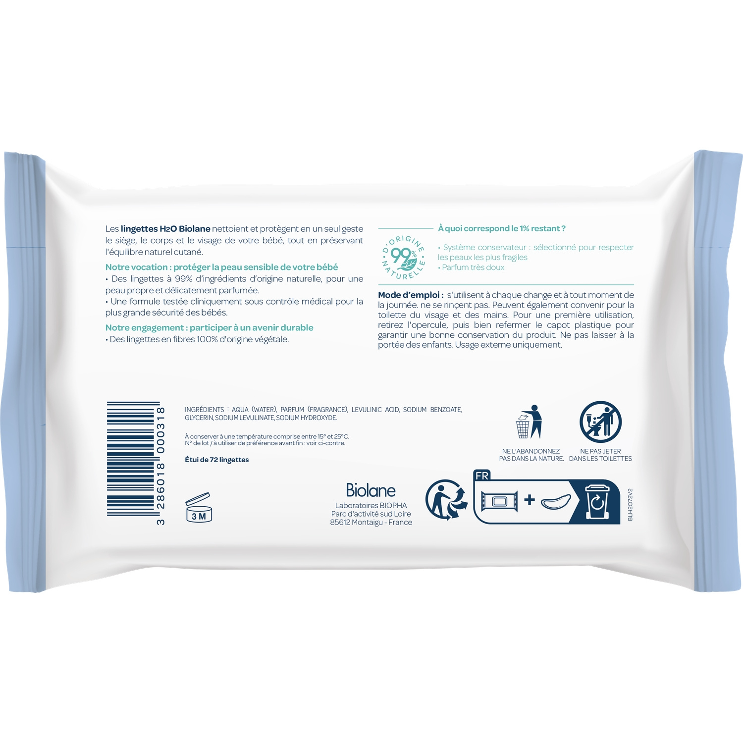 BIOLANE H2O Lingettes nettoyantes pour le corps et le change des bébés, peaux sensibles, 72 lingettes
