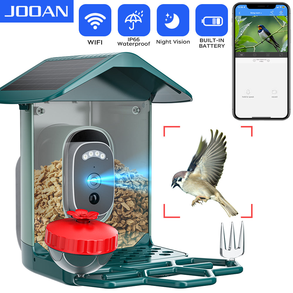JOOAN Alimentateur intelligent solaire pour oiseaux Wi‑Fi - Capte des photos et des vidéos Ultra HD 2K ! - Le cadeau parfait pour les amateurs d’ornithologie !