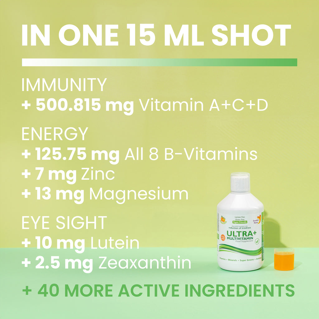 Swedish Nutra Ultra+ Multivitamines Liquide Complément Alimentaire - 500 ml, 33 Jours d'Approvisionnement | Vitamines, Minéraux, Super Greens & Aminos | Boost Énergie, Bien-être & Système Immunitaire | Arôme Orange | Pour Hommes & Femmes
