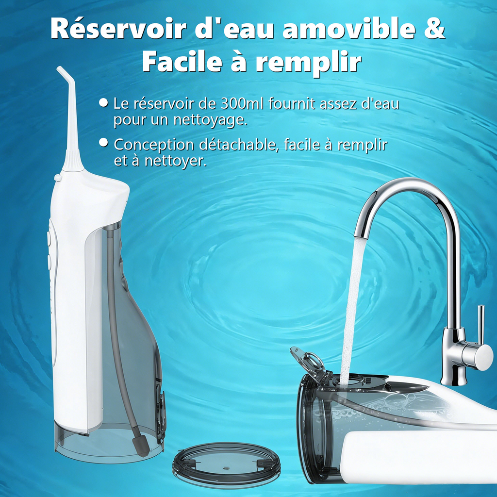 Sunluxy Hydropulseur dentaire sans fil portable – Pression d'eau puissante 140 PSI, 5 Modes, Buse rotative à 360°, Grand réservoir d'eau 300 ml, Autonomie longue durée 40 jours