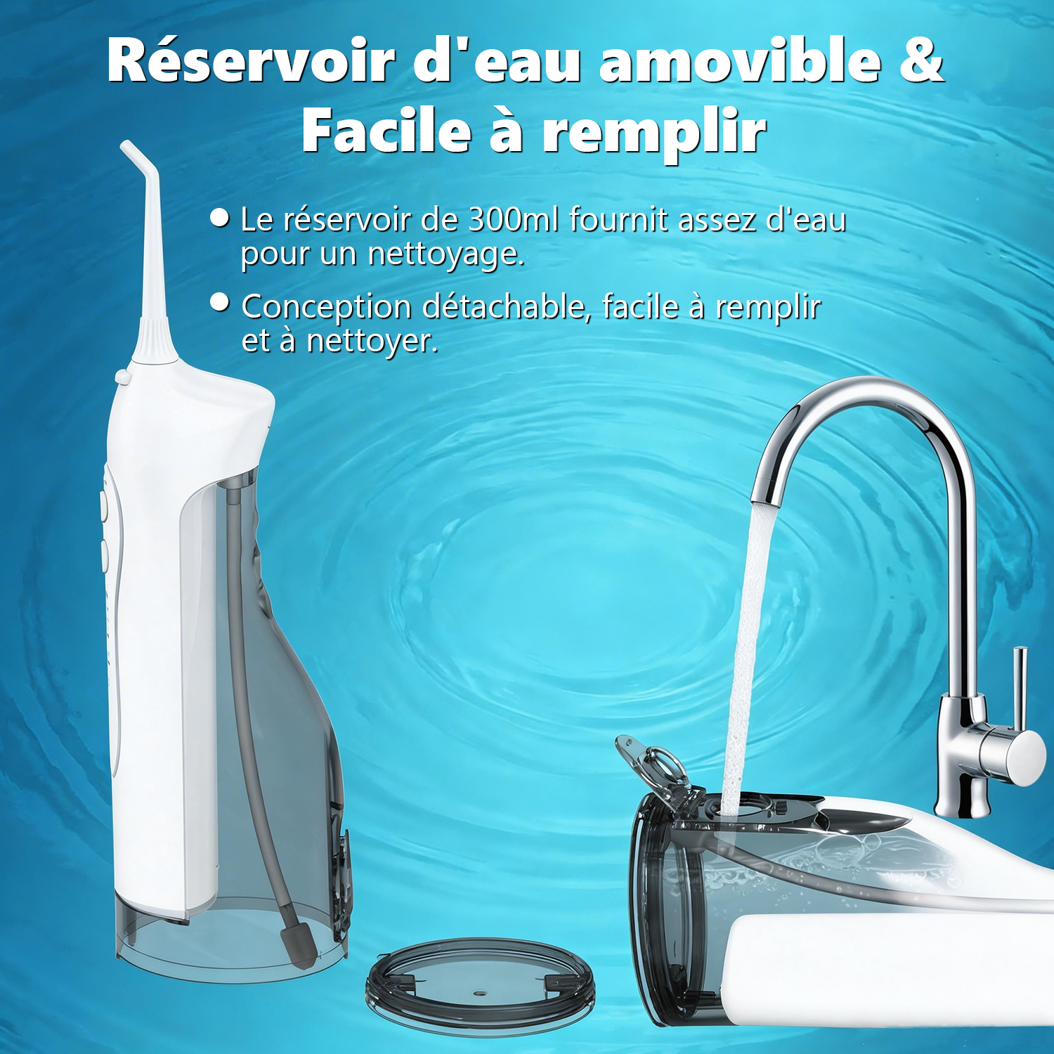 Sunluxy Hydropulseur dentaire sans fil portable – Pression d'eau puissante 140 PSI, 5 Modes, Buse rotative à 360°, Grand réservoir d'eau 300 ml, Autonomie longue durée 40 jours