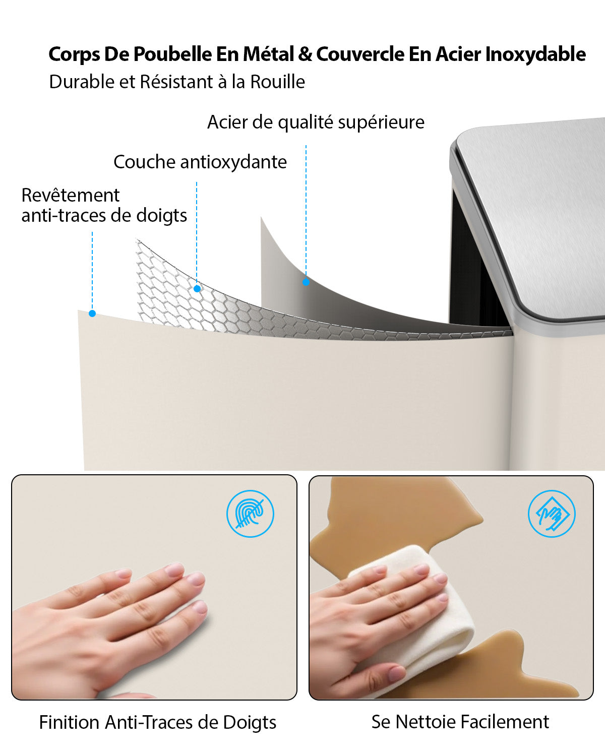 Poubelle de cuisine 60 L (2 x 30 L) en acier inoxydable, poubelle et bac de recyclage combinés avec couvercle à fermeture douce, poubelle à pédale à double compartiment pour recyclage, abricot