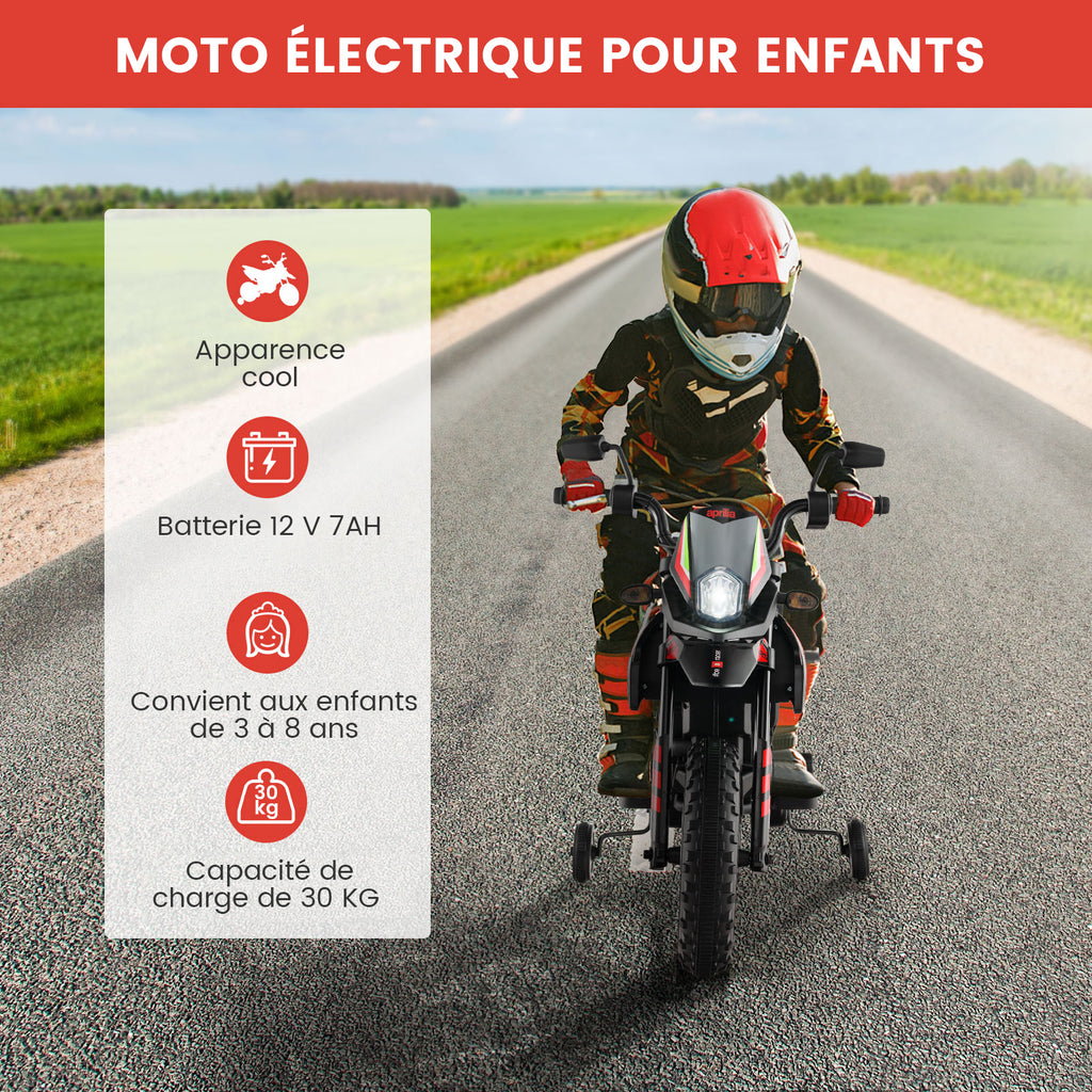 Moto électrique pour enfants 12 V avec roues d'apprentissage, modèle sous licence Aprilia, rouge