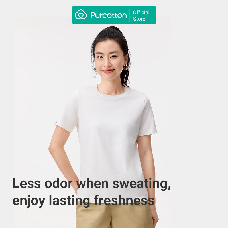 Purcotton T-shirt Femme Col Rond Antibactérien - Confortable & Doux Pour La Peau - Polyvalent & Basique - Commutation Quotidienne - Blanc - 165/88A