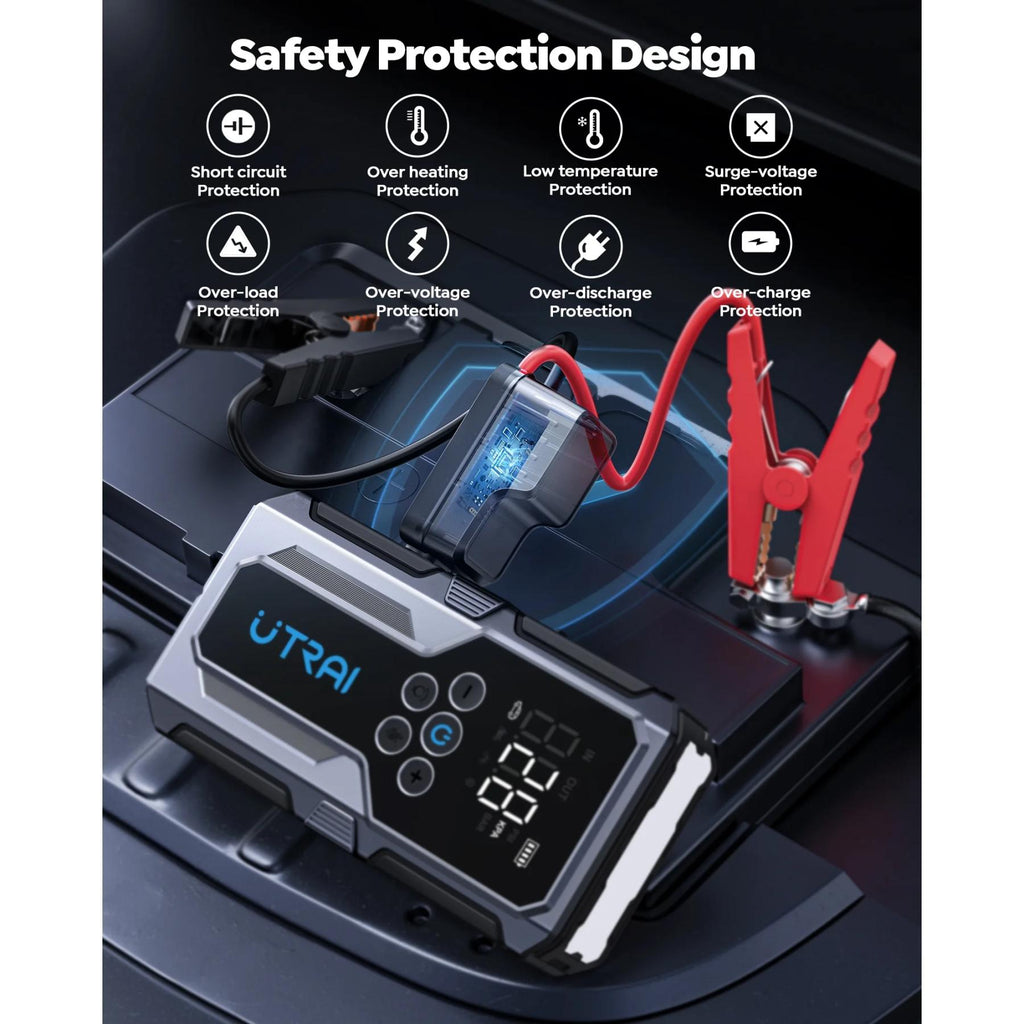 UTRAI JS-9 3000A Booster de démarrage pour voiture avec compresseur d'air 150 PSI, batterie externe QC 18 W, chargeur de batterie de voiture 12 V, écran LED et lampe de poche à 3 modes