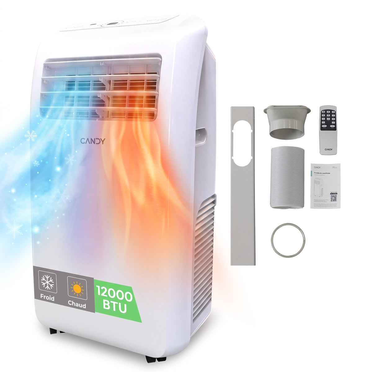 Candy 12000 BTU Climatiseur Mobile, Unité de Climatisation Intelligente 4 en 1, Refroidissement et Chauffage Rapides pour Pièces jusqu'à 35 ㎡, 3 Vitesses, Minuterie 24 H