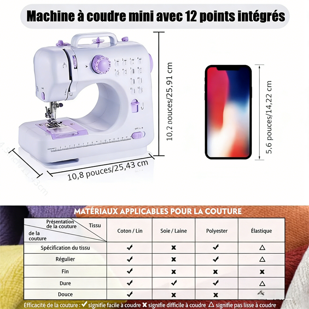 IAGREEA Mini machine à coudre YASM-505A Violet pour débutants, marche arrière, portable, multifonction, réparations domestiques et loisirs créatifs, 12 points intégrés