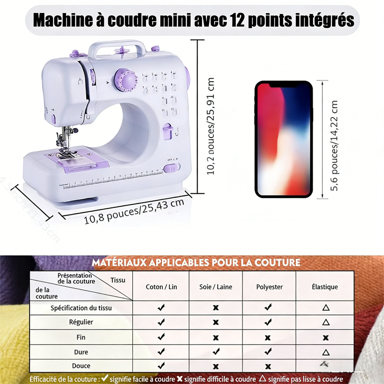 IAGREEA Mini machine à coudre YASM-505A Violet pour débutants, marche arrière, portable, multifonction, réparations domestiques et loisirs créatifs, 12 points intégrés
